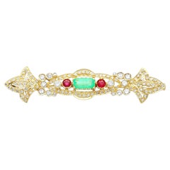Vintage Emerald Ruby and 1.04 Carat Diamond Yellow Gold Brooch