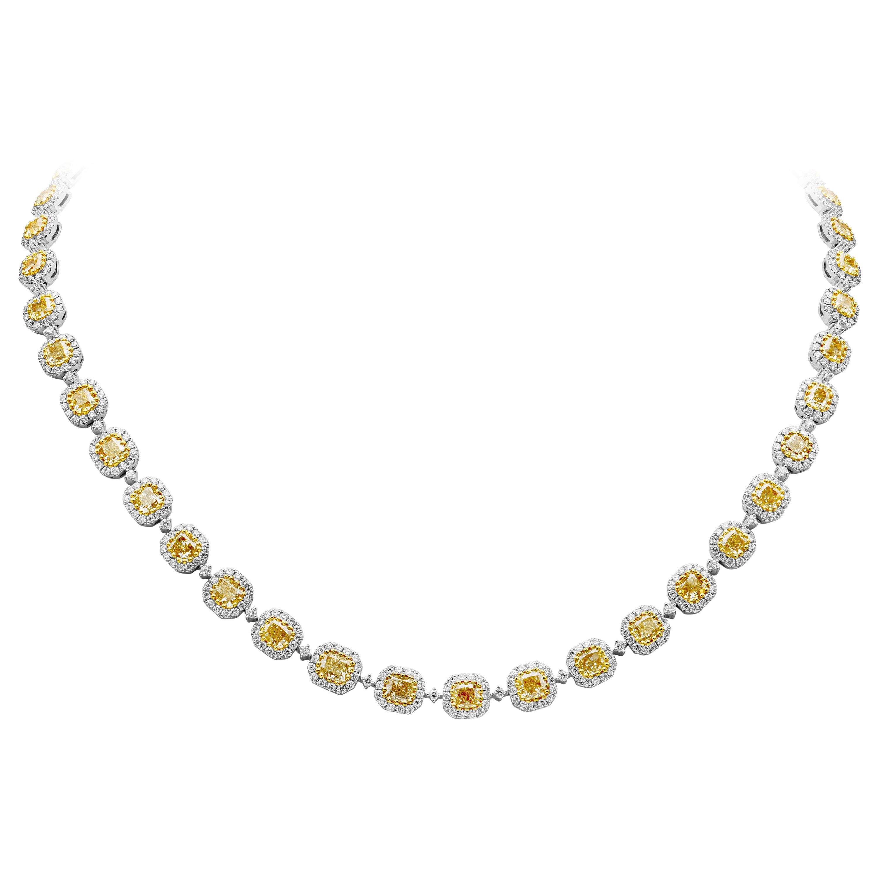 23.33 Carats Total Cushion Cut Yellow Diamond Halo Tennis Necklace in Two-Tone