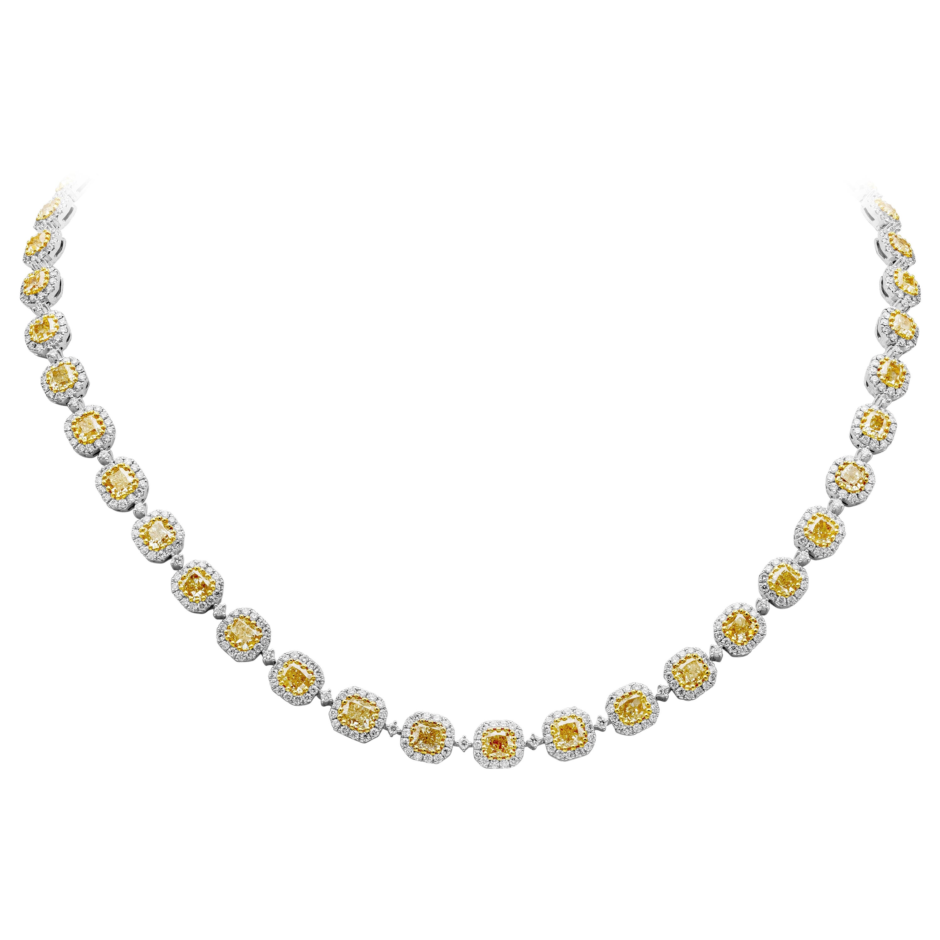 Roman Malakov 17.66 Carats Total Cushion Cut Yellow Diamond Halo Tennis Necklace For Sale