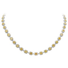 23.33 Carats Total Cushion Cut Yellow Diamond Halo Tennis Necklace in Two-Tone