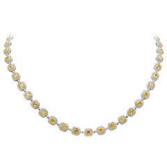 Roman Malakov 17.66 Carats Total Cushion Cut Yellow Diamond Halo Tennis Necklace