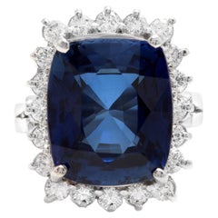 12,75 Karat Lab Created Blauer Saphir und natürlicher Diamant 14K massiver Weißgold Ring
