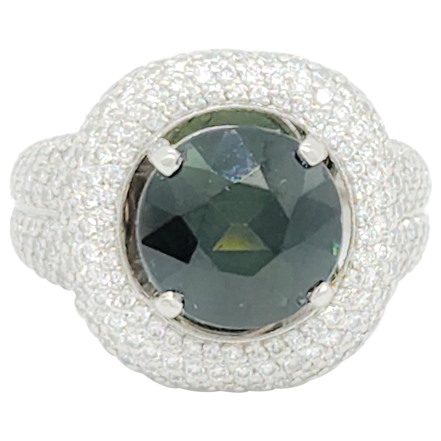 GIA Unheated Greenish Blue Sapphire and White Diamond Cocktail Ring in Platinum For Sale