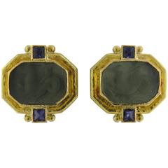 Elizabeth Locke Gold Venetian Glass Intaglio Iolite Gold Earrings