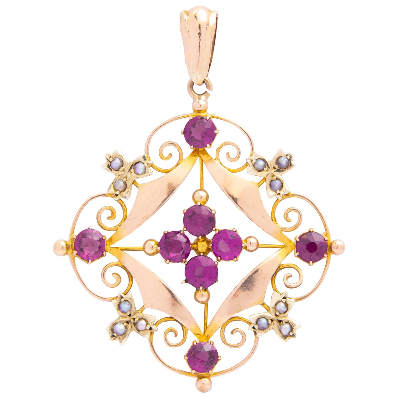 Pendentif Art nouveau en or jaune 9 carats, tourmaline rose et perles de rocaille