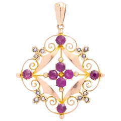 Antique Art Nouveau, 9 Karat Yellow Gold, Pink Tourmaline & Seed Pearl Pendant