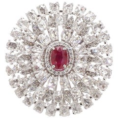 PANIM 18k White Gold Diamond Oval Rosecut & Ruby Floral Diamond Ring
