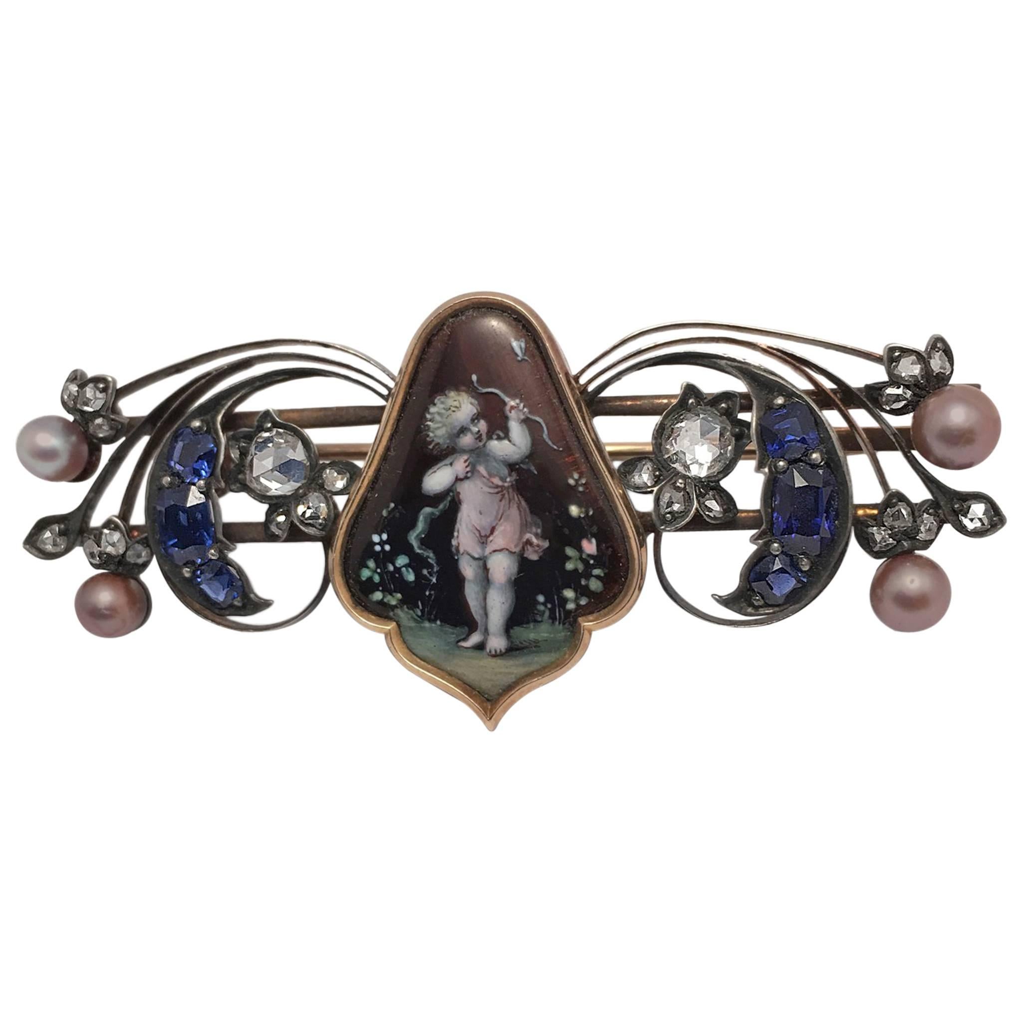 Victorian Enamel Pearl Sapphire Diamond Silver Gold Painted Brooch For Sale