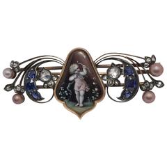 Victorian Enamel Pearl Sapphire Diamond Silver Gold Painted Brooch