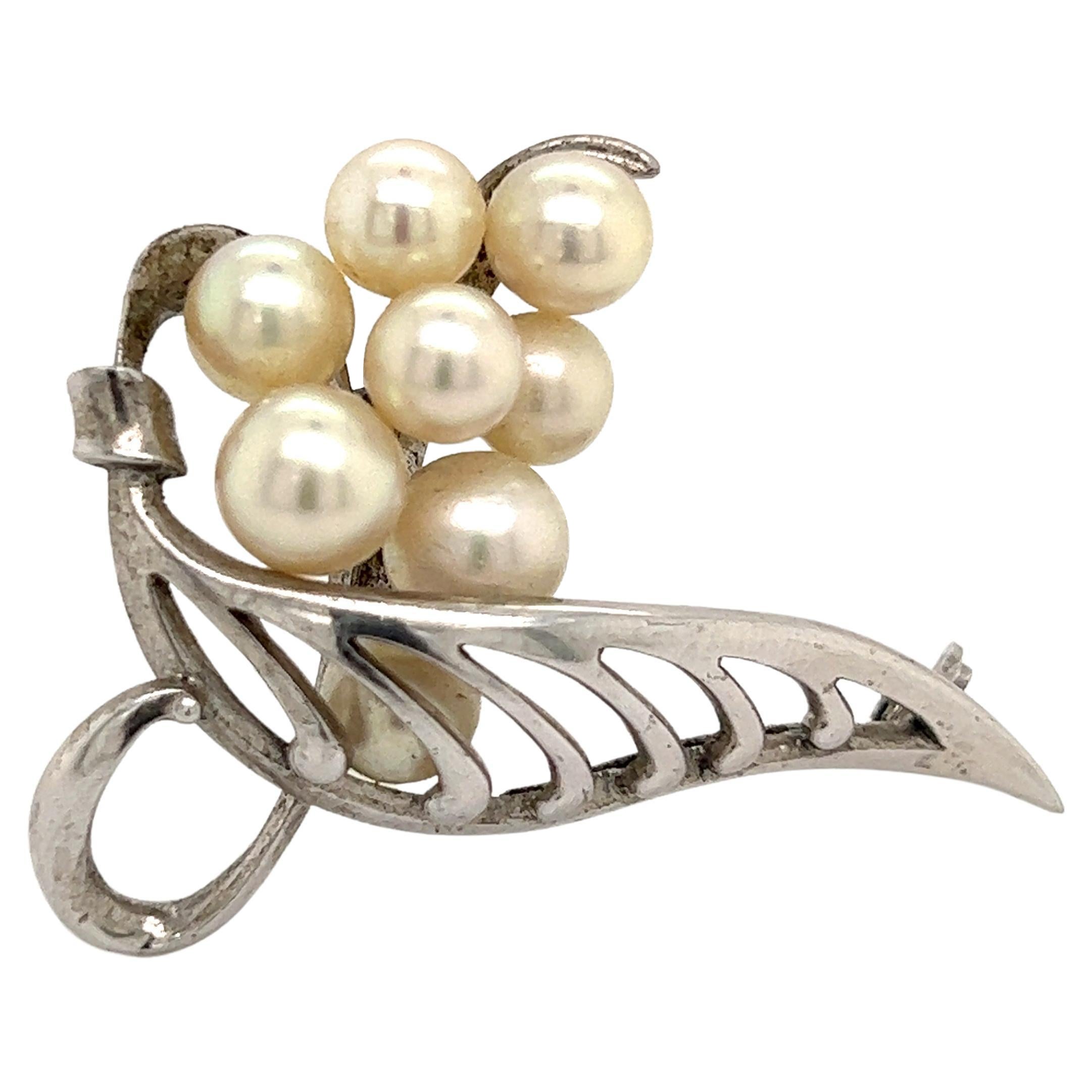 Mikimoto Estate Akoya Pearl Brooch 6.5 mm Sterling Silver For Sale