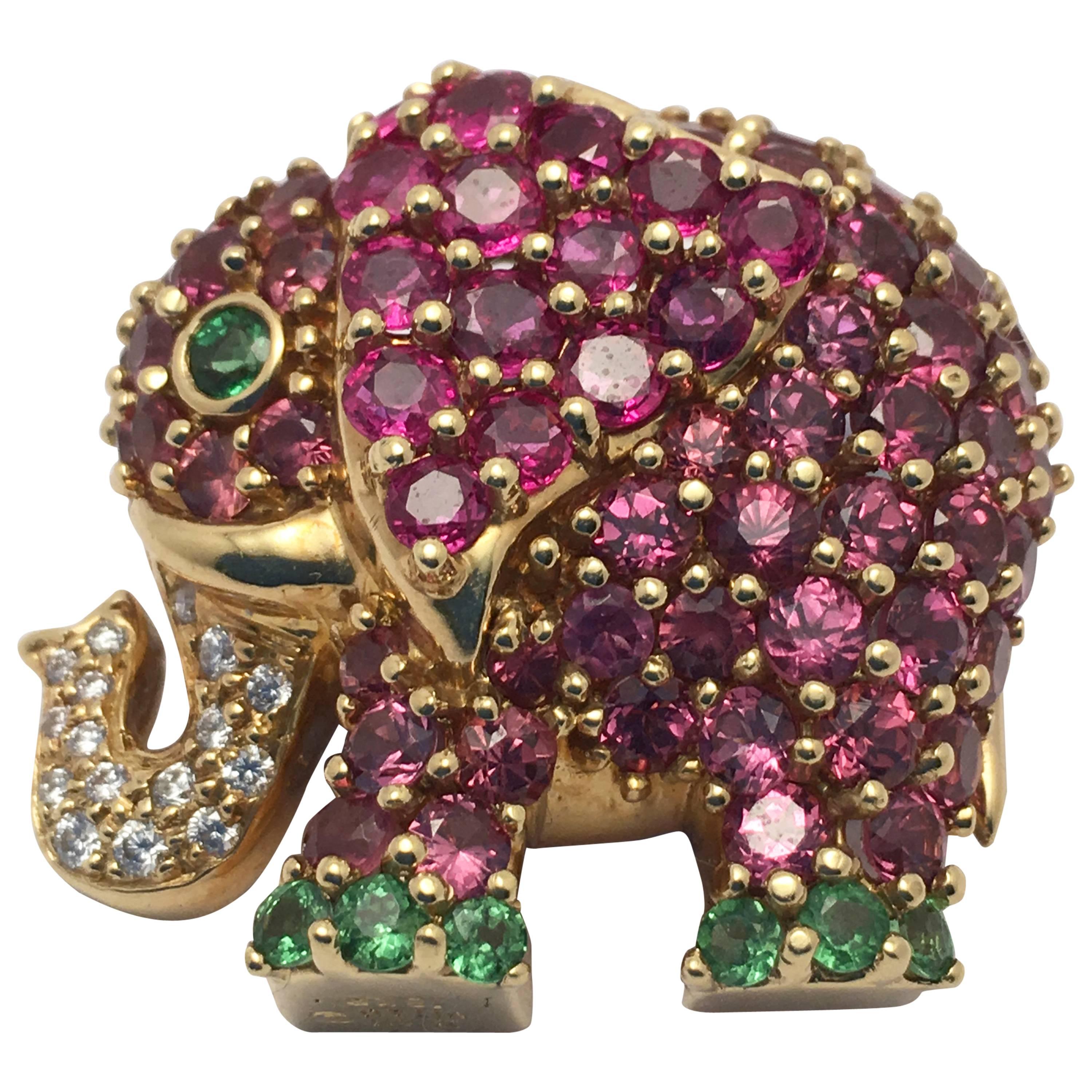 Jean Vitau Gemstone Gold Elephant Brooch For Sale