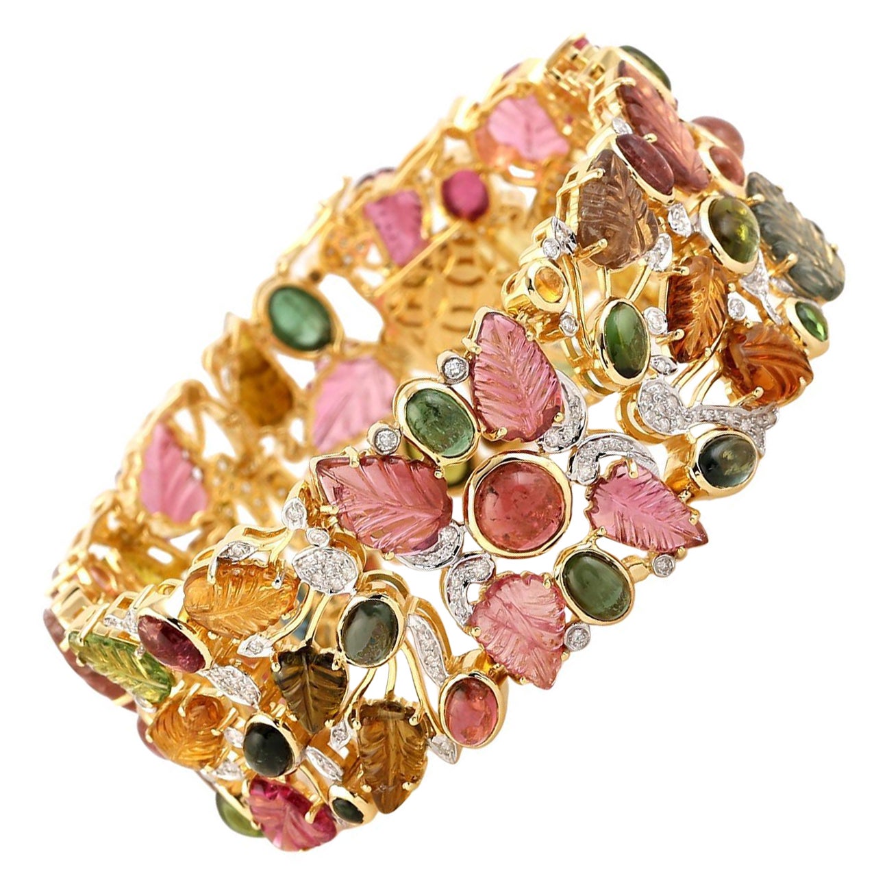 Meghna Jewels Hoja Tallada Turmalina Diamante Oro 14K Tutti Frutti Brazalete Brazalete en venta
