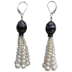 Marina J Graduated Pearl Tassel Earrings & Silver Inlay on Vintage Wooden Beads