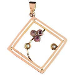 Antique Art Nouveau Amethyst and Seed Pearl Pendant, 9k Gold, Floral, Trefoil