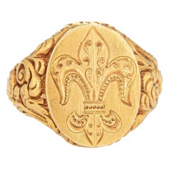 Antique Art Nouveau Signet Ring Fleur De Lis Repousse 14k Yellow Gold