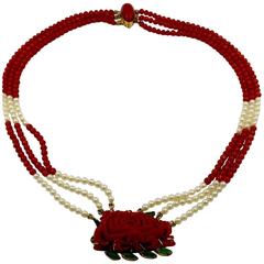  Carved Mediterranean Coral Emerald Pearl Gold Necklace