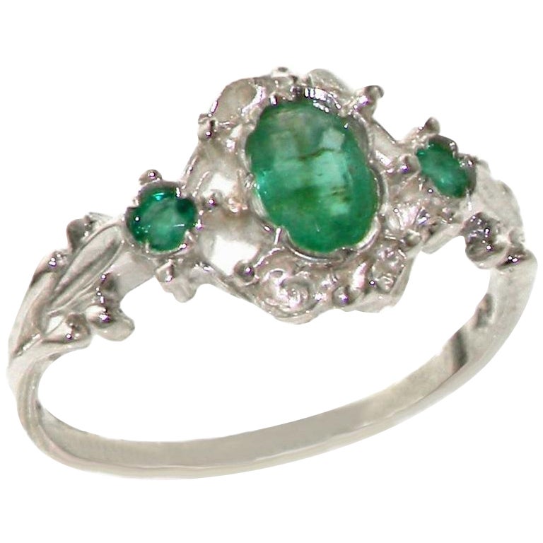 For Sale:  14k White Gold Natural Emerald Womens Trilogy Ring Customizable