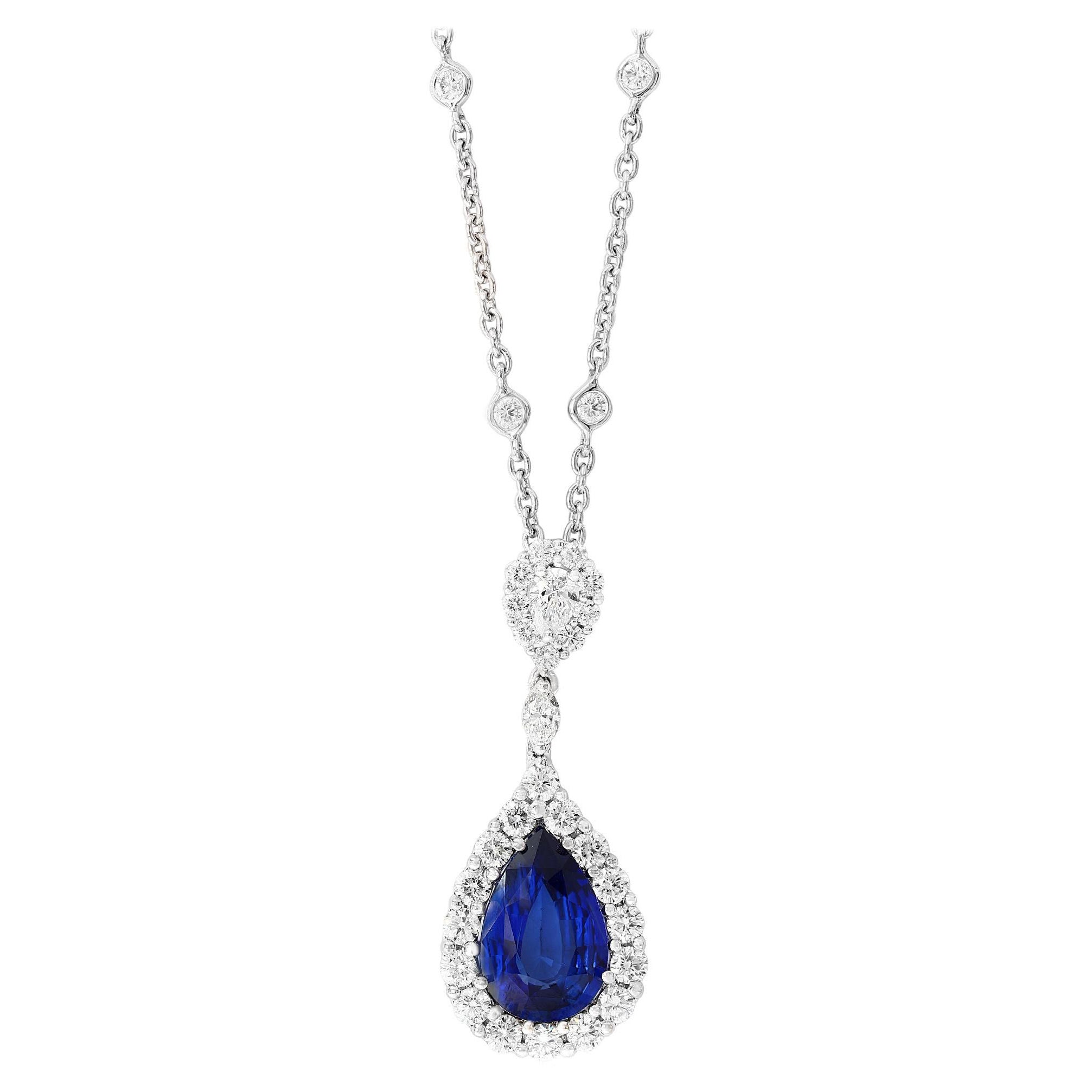 5.10 Carat Pear Shape Blue Saphire and Diamond Halo Drop Pendant Necklace For Sale