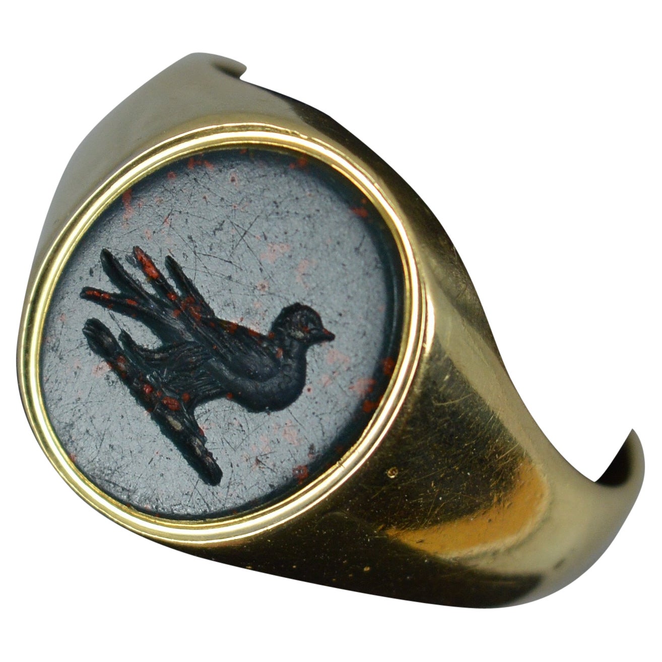 Victorian 18ct Gold and Bloodstone Dove of Peace Intaglio Signet Seal Ring