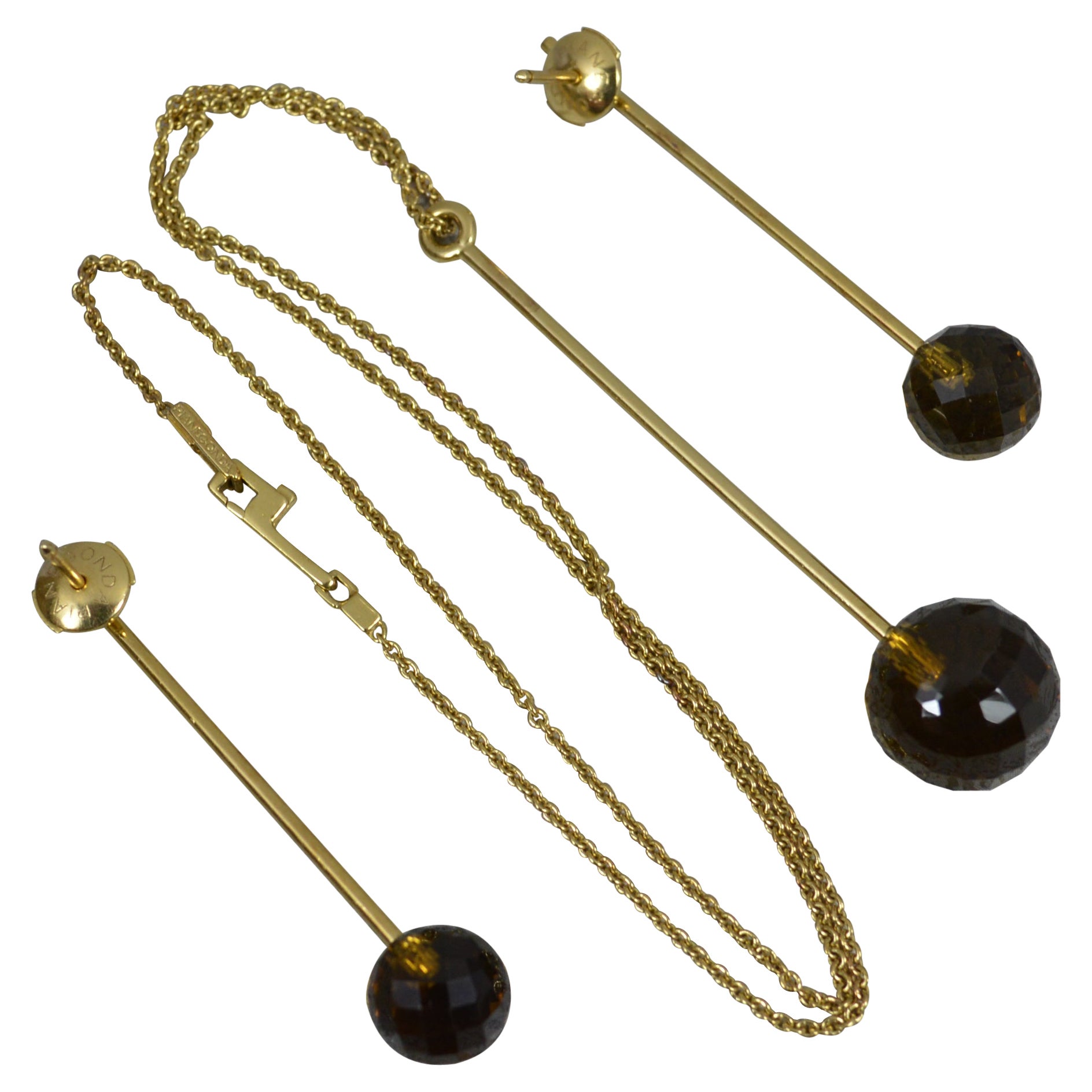 Pianegonda Designer 18ct Gold and Smoky Quartz Earrings and Pendant Set For Sale