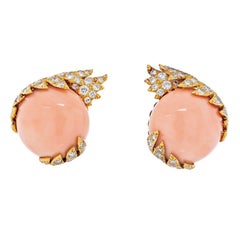 David Webb Platinum & Yellow Gold Button Light Pink Coral and Diamond Earrings