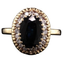 Halo-Ring, Vintage, Nachlass, 14 Karat Gelbgold, Saphir und Diamant