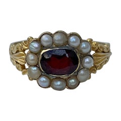 Antique Garnet and Pearl Halo 18 Carat Yellow Gold Ring