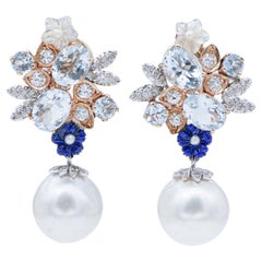 Perles, aigue-marine, pierres blanches, lapislazzuli, diamants, boucles d'oreilles en or 14kt