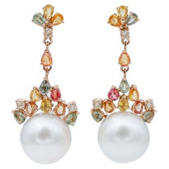 South-Sea Pearls, Multicolor Sapphires, Diamonds, 14 Kt Rose Gold Dangle Earrings