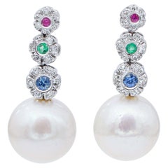 White Pearls, Sapphires, Rubies, Emeralds, Diamonds, 14 Karat White Gold Earrings