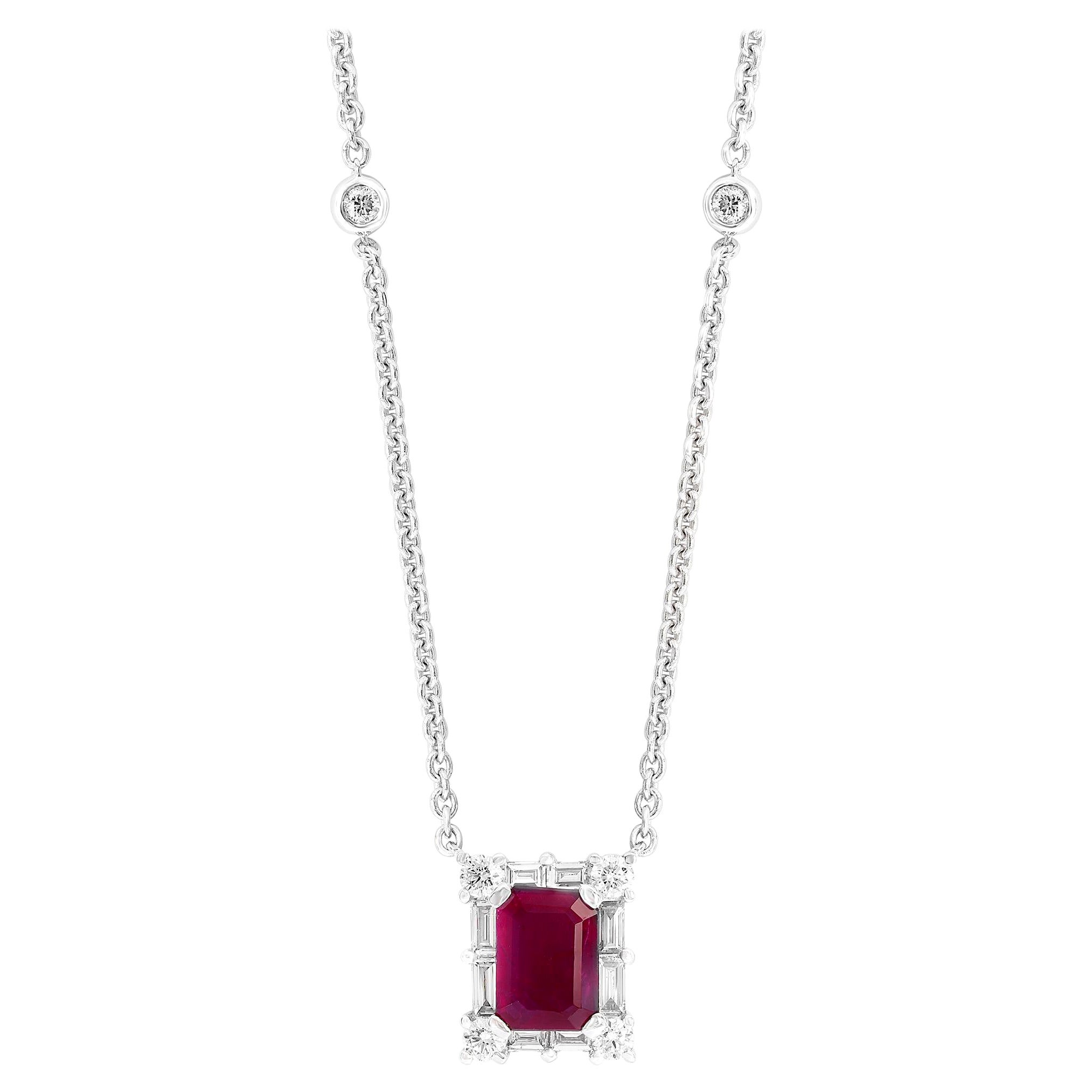 0.77 Carat Emerald Cut Ruby and Diamond Pendant Necklace in 18K White Gold For Sale