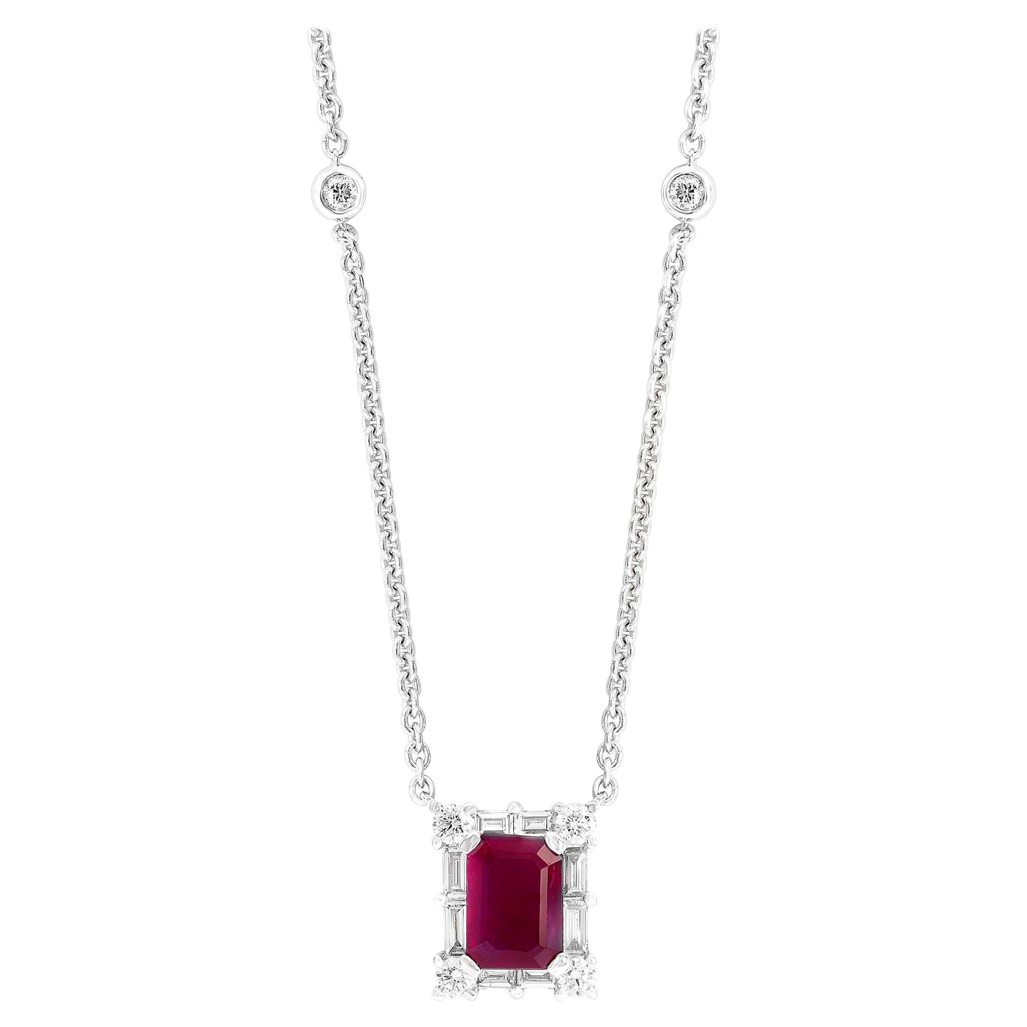 0.77 Carat Emerald Cut Ruby and Diamond Pendant Necklace in 18K White Gold