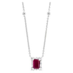 0.77 Carat Emerald Cut Ruby and Diamond Pendant Necklace in 18K White Gold