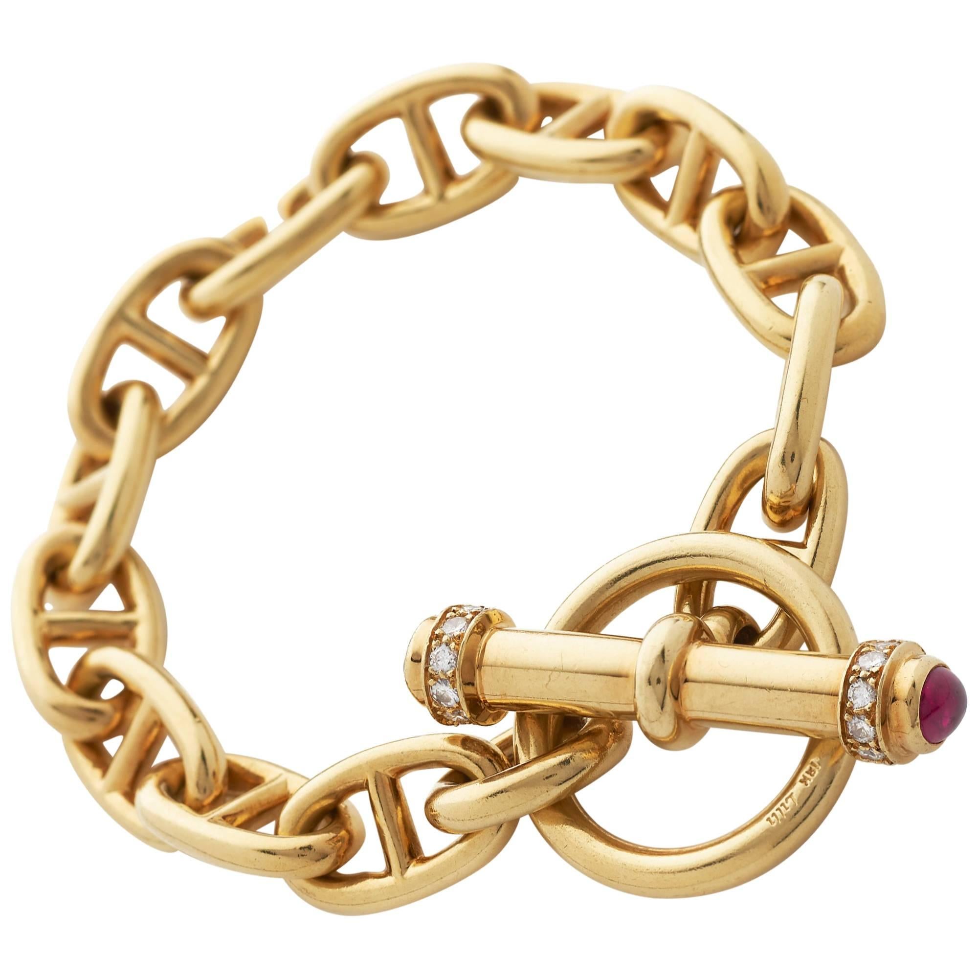 Gold Anchor Link Bracelet with Ruby and Diamond Set Toggle Clasp