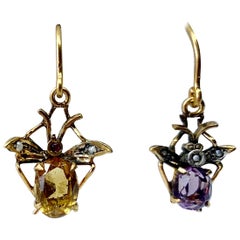 Citrine Amethyst Fly Insect Earrings Victorian Antique Gold Pearl