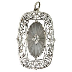 Art Deco Rock Crystal Old Mine Diamond Pendant Necklace Filigree White Gold