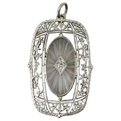 Collana con ciondolo in cristallo di rocca e diamanti Old Mine Art Deco Filigrana Oro Bianco