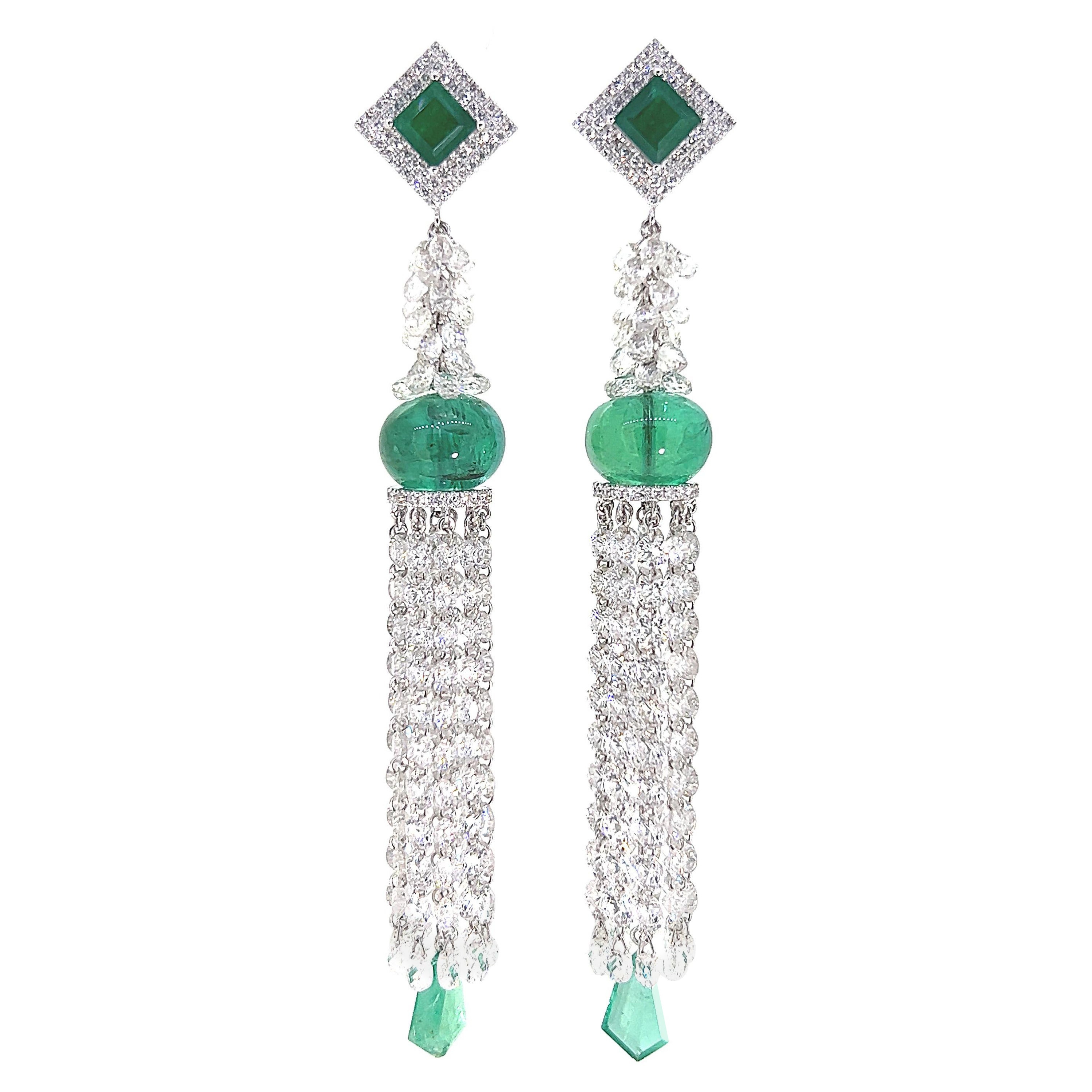 41.58 Carat Emerald and Diamond Vintage Style Tassel Earrings 18K White Gold