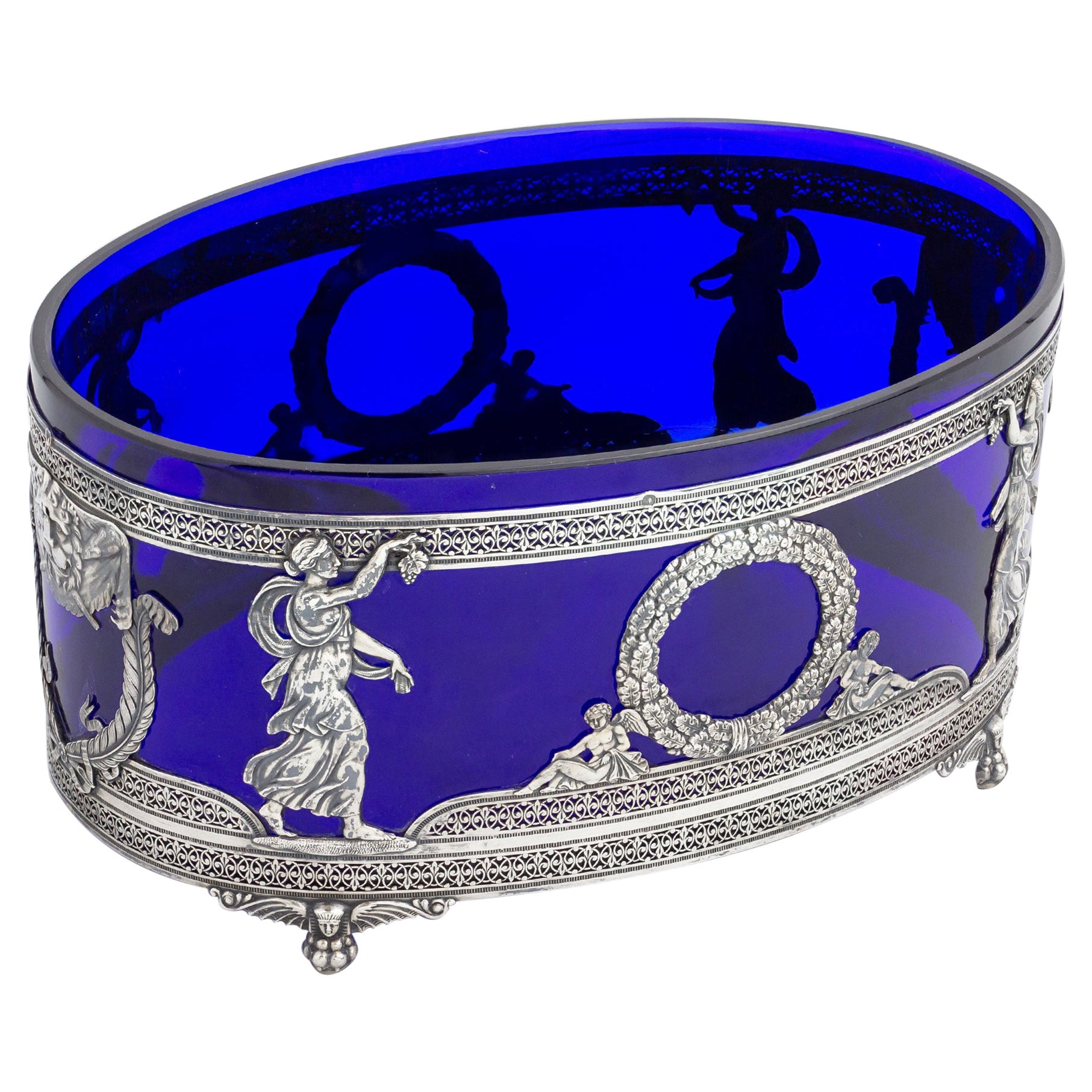 French Empire, Cobalt Glass and Silver Centrepiece For Sale
