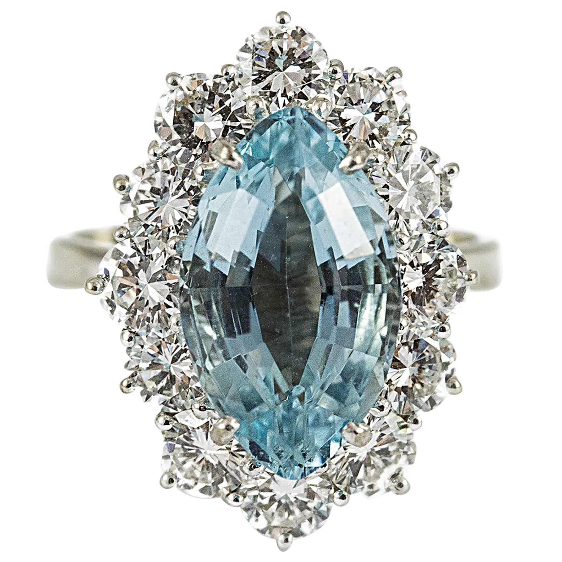 Custom Made Aquamarine Diamond Gold Ring For Sale