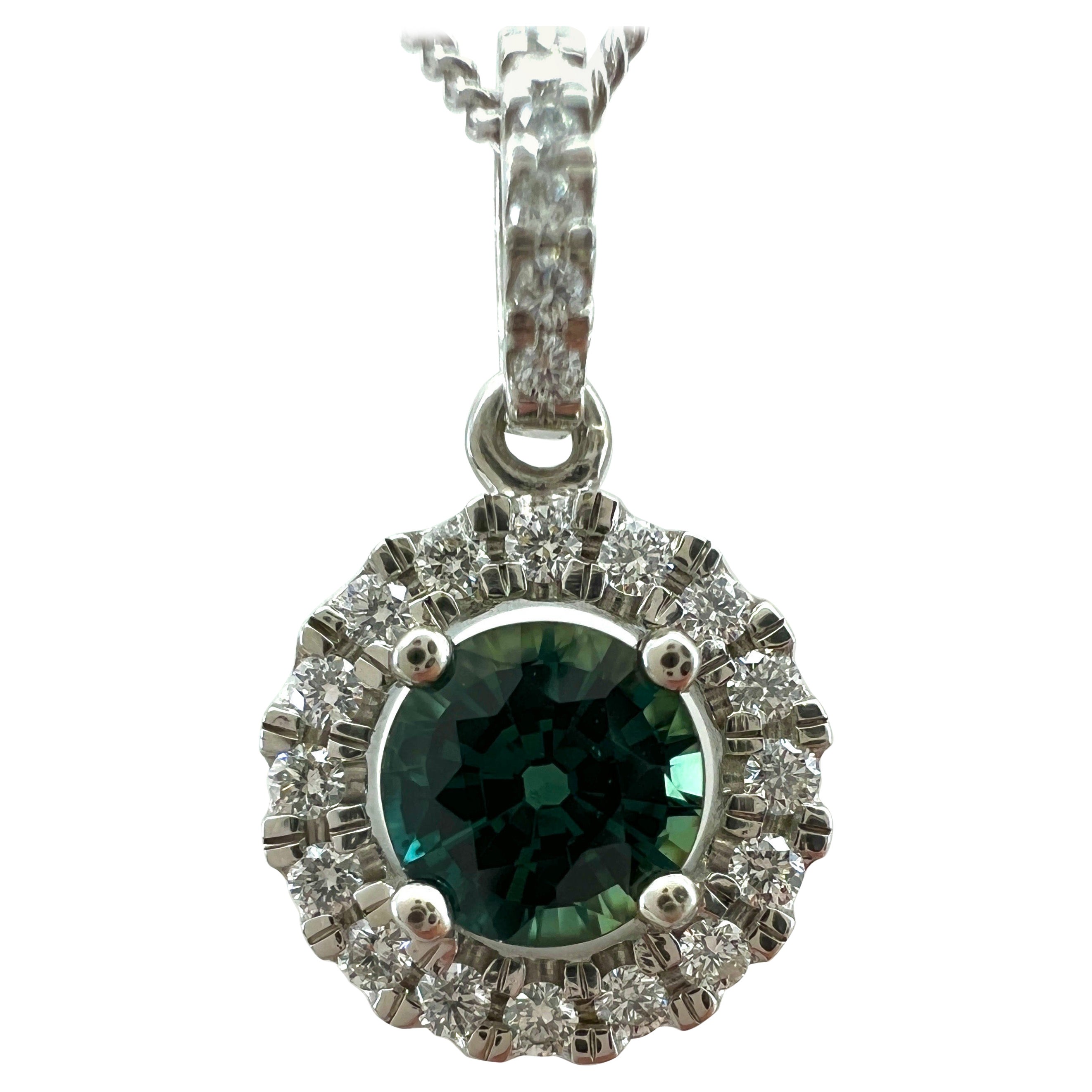 Fine Teal Green Blue Round Cut Australian Sapphire Diamond Platinum Halo Pendant For Sale