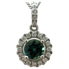Fine Teal Green Blue Round Cut Australian Sapphire Diamond Platinum Halo Pendant