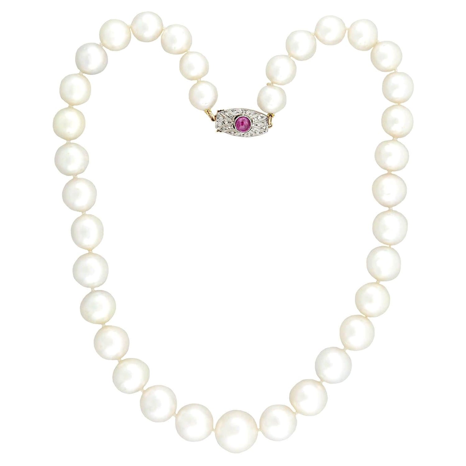 Edwardian South Sea Pearl Necklace with Diamond + Ruby Clasp For Sale