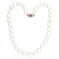 Edwardian South Sea Pearl Necklace with Diamond + Ruby Clasp