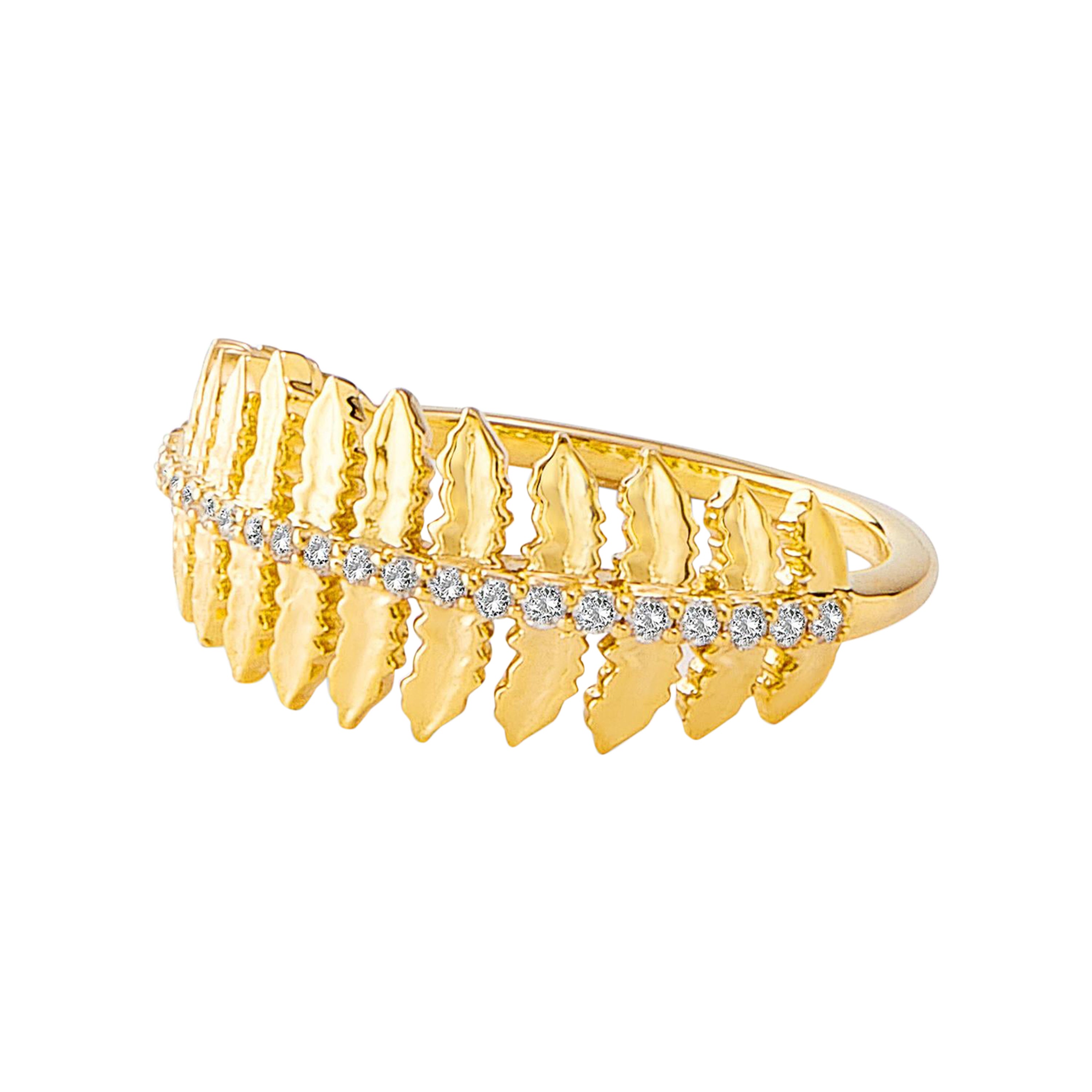 Syna Yellow Gold Fern Leaf Ring with Diamonds