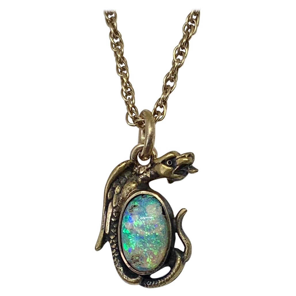 Griffin Dragon Black Opal Pendant Necklace Antique Belle Epoque 14 Karat Gold For Sale