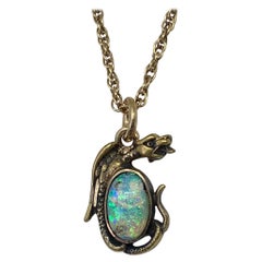 Griffin Dragon Black Opal Pendant Necklace Antique Belle Epoque 14 Karat Gold