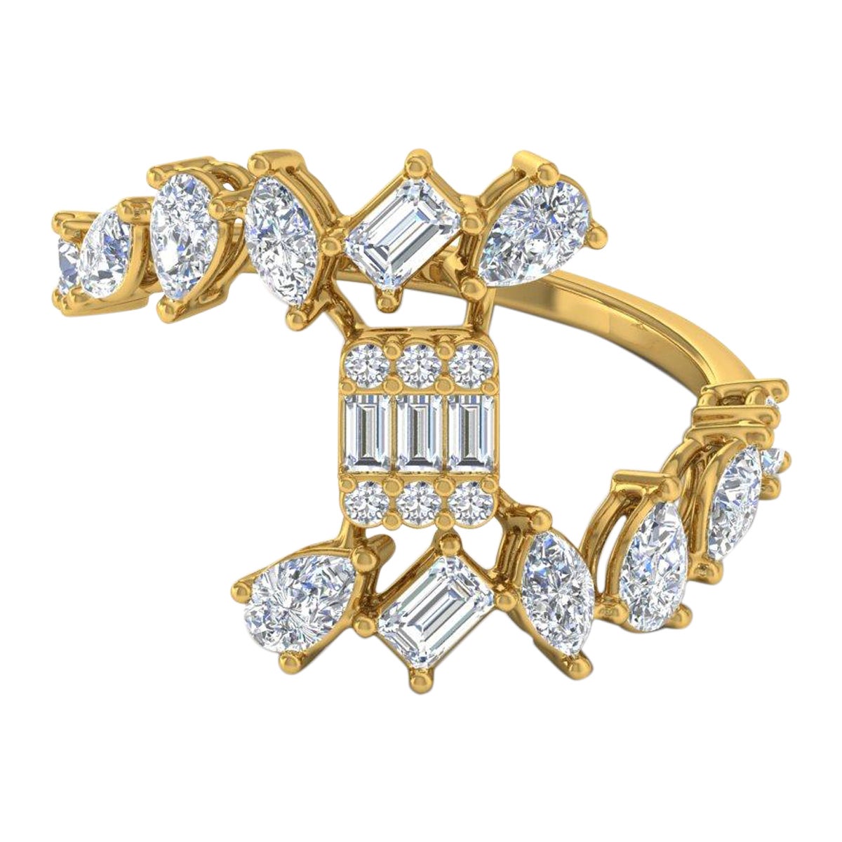 1.6 Carat SI Clarity HI Color Pear Emerald Cut Diamond Ring 18 Karat Yellow Gold For Sale
