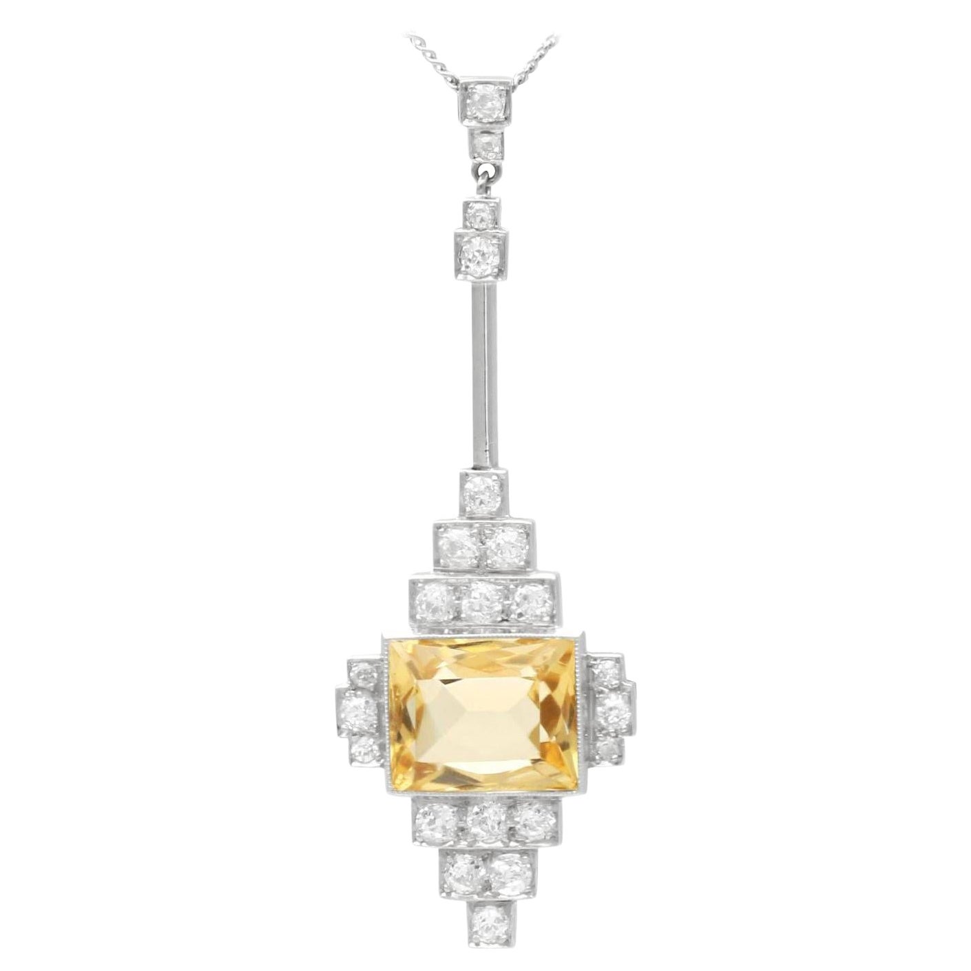 Antique Art Deco 4.20ct Citrine and Diamond 18K White Gold and Platinum Pendant