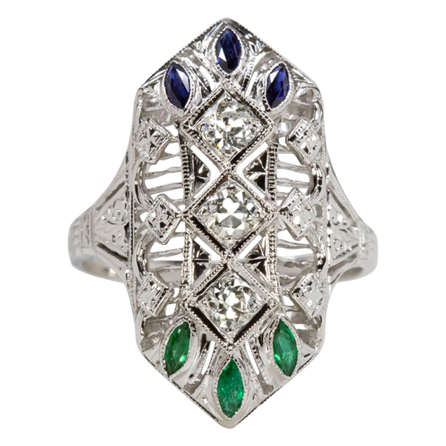 Art Deco Diamond Green Emerald Blue Sapphire Cocktail Ring For Sale